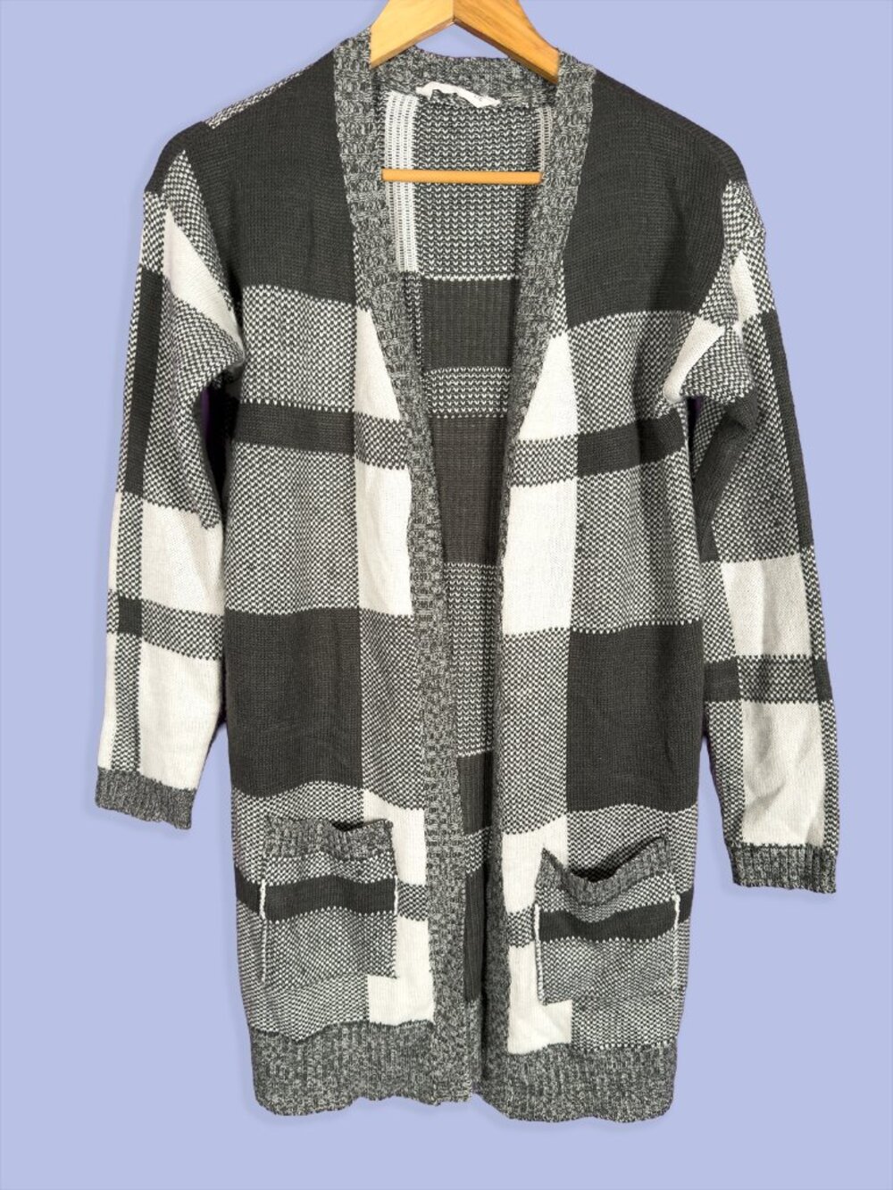 Gray Buffalo Plaid Open Front Long Cardigan Sweater Cottagecore Size L